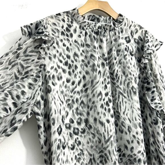 Ann Taylor snow leopard ruffled sleeve mock neck top white black casual size XL - Picture 5 of 16